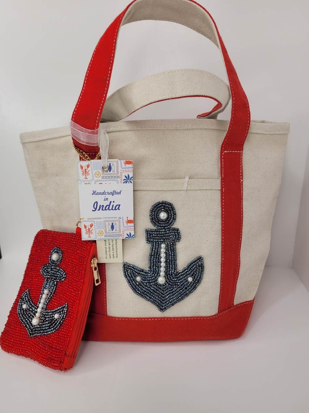 👉✨️ Made In  India Canvas Tote with Red Trim and Anchor Beadwork